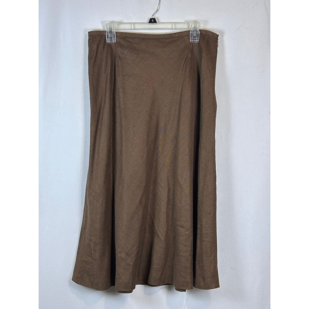 Talbots Midi Skirt Women 12P Brown Excellent Italian Linen Silk Blend A-Line